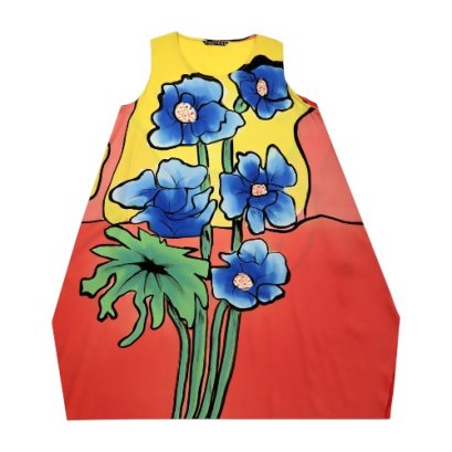 เดรสผู้หญิง-สีแดง : ลายดอกคอสมอสสีฟ้าบานสะพรั่ง