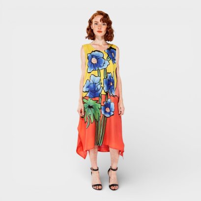 เดรสผู้หญิง-สีแดง : ลายดอกคอสมอสสีฟ้าบานสะพรั่ง