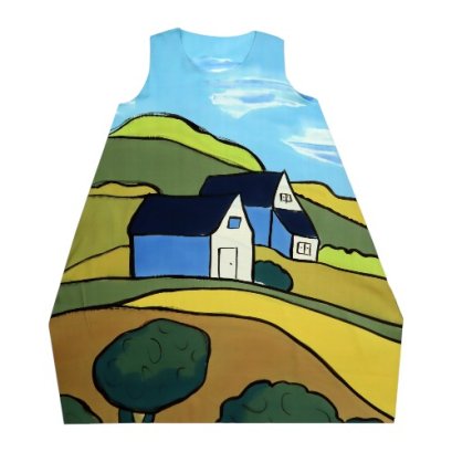 เดรสผู้หญิง-สีฟ้า : ลายบ้านสีฟ้าตั้งตระหง่านอย่างสง่างามอยู่กลางหุบเขา