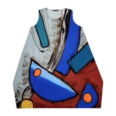 เดรสผู้หญิง-สีฟ้า :  ลายแอปสแตรคสี่เหลี่ยมหนาและครึ่งวงกลมที่โดดเด่นบนพื้นหลังสีฟ้า