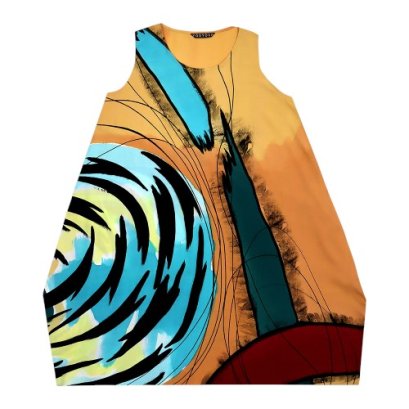 เดรสผู้หญิง-สีครีม :  ลายแอปสแตรคสีน้ำเงินและสีดำสร้างความรู้สึกถึงการเคลื่อนไหว