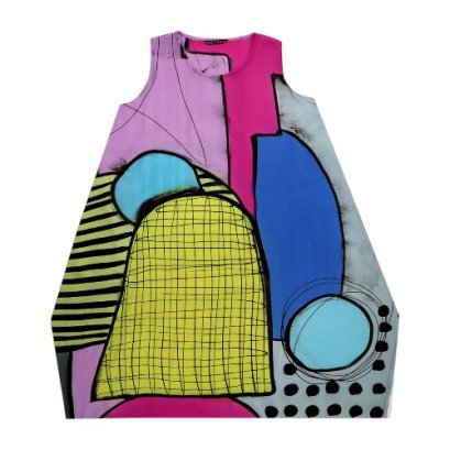 เดรสผู้หญิง-สีม่วง : ลายแอปสแตรครูปทรงสีน้ำเงินและสีเหลืองพร้อมเส้นสีดำและจุดสีดำ