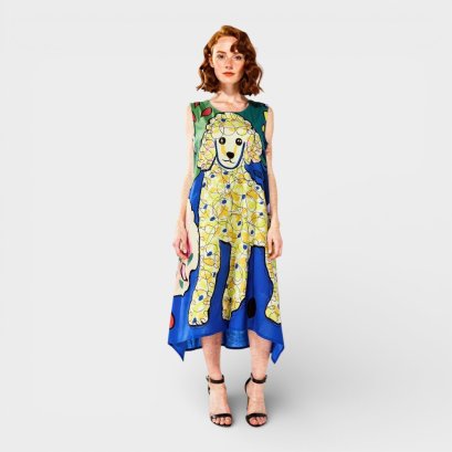 เดรสผู้หญิง-สีน้ำเงิน : ลายพุดเดิ้ลดูน่ารักมากด้วยขนฟูสีขาวและไฟคริสต์มาสสีสันสดใสพันรอบตัว