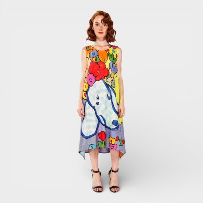 Woman Sleeveless Dress - Yellow : Blue-Eared Pup in Bloomy Garden