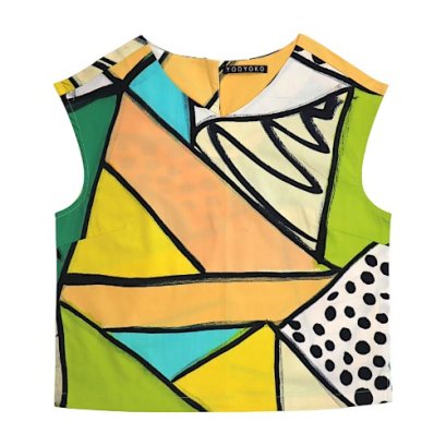 Woman Tank tops - Cream : Abstract black dots in cream , yellow, and green blocks.