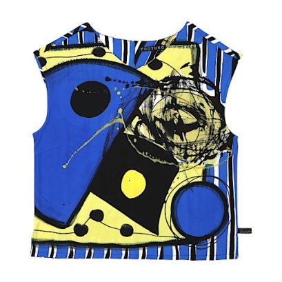 เสื้อกล้ามผู้หญิง - สีน้ำเงิน : ศิลปะแอปสแตรคพร้อมลายเส้นพู่กันสีดำ