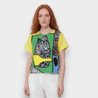 เสื้อครอปผู้หญิง - สีเหลือง : ลายเสือดาวกับแอปสแตรค