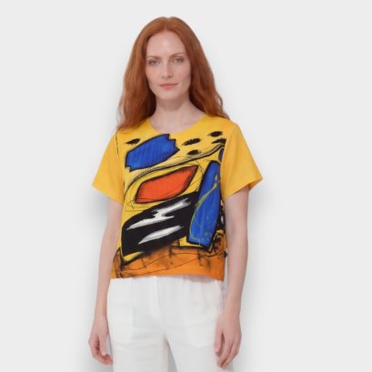 เสื้อครอปผู้หญิง - สีส้ม : ลายกราฟฟิคแอปสแตรคสีดำและน้ำเงิน