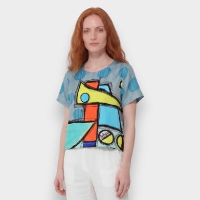 เสื้อครอปผู้หญิง - สีเทา : ลายจุดสีฟ้ากับรูปทรงแอปสแตรค