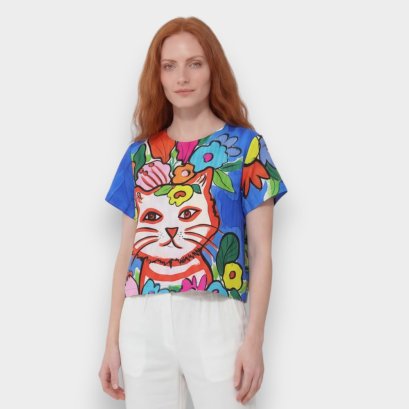 เสื้อครอปผู้หญิง - สีน้ำเงิน : ลายฟริดา เหมียวโล่