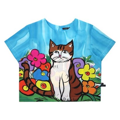 เสื้อครอปผู้หญิง - สีฟ้า : ลายเจ้าเหมียวผู้ครองสวนดอกไม้