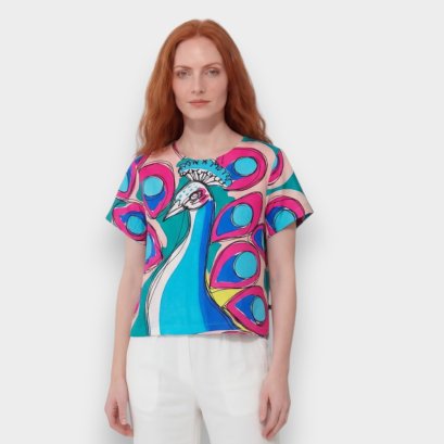 เสื้อครอปผู้หญิง - สีเขียว : ลายนกยูงสุดจี๊ด