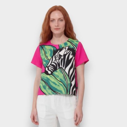 เสื้อครอปผู้หญิง - สีชมพู : ลายม้าลายใต้ใบเขียว