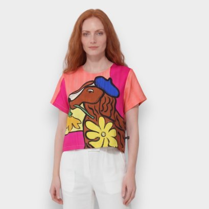 เสื้อครอปผู้หญิง - สีชมพู : ลายคุณชายหมาน้อยจอมเจ้าชู้