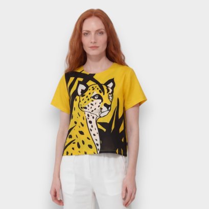 เสื้อครอปผู้หญิง - สีเหลือง : ลายเสือเหลืองในเงาไม้