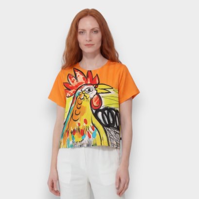 เสื้อครอปผู้หญิง - สีส้ม : ลายสีสันยามเช้ากับเจ้าขัน