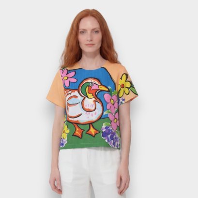 เสื้อครอปผู้หญิง - สีส้ม : ลายลูกเป็ดดอกเดซี่