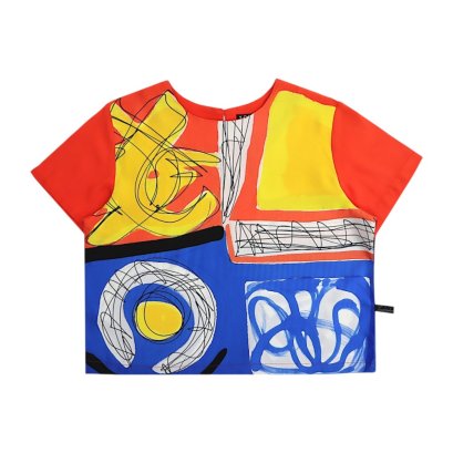 เสื้อครอปผู้หญิง - สีแดง : ลายแอปสแตรคสีแดงและสีน้ำเงิน