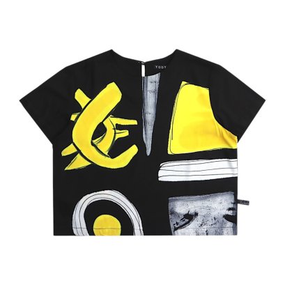 เสื้อครอปผู้หญิง - สีดำ : ลายแอปสแตรคสีเหลืองและสีดำ
