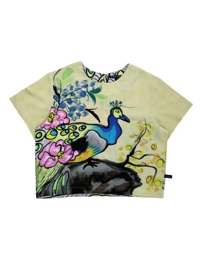 Woman Crop Top - Green : Peacock with flowers on the rocks