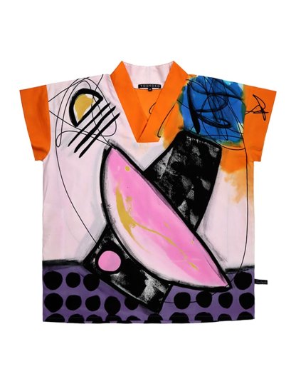 Woman Tunic Blouse - Pink : Pink Abstract with Black Dots