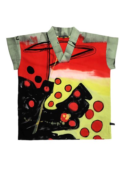 Woman Tunic Blouse - Green : Abstract red dots