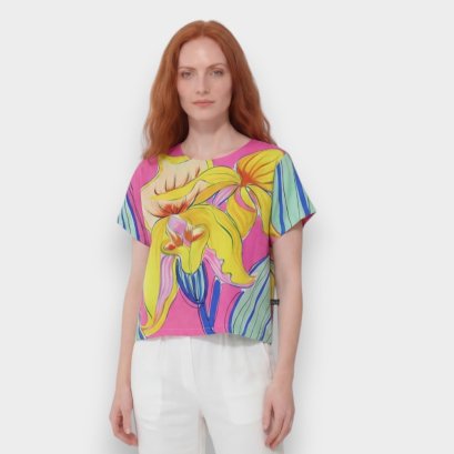 เสื้อครอปผู้หญิง - สีชมพู : ลายบทเพลงกล้วยไม้