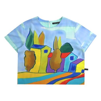 Woman Crop Top - Blue : Multicolor houses in the garden