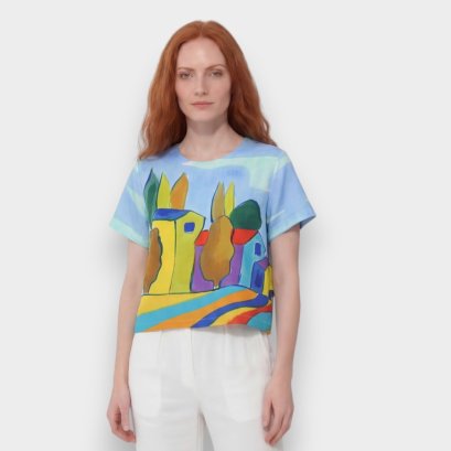 เสื้อครอปผู้หญิง - สีฟ้า : ลายบ้านหลากสีในสวน