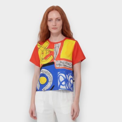 เสื้อครอปผู้หญิง - สีแดง : ลายแอปสแตรคสีแดงและสีน้ำเงิน