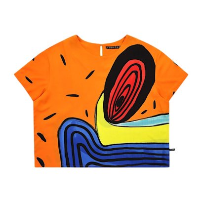 Woman Crop Top - Orange :  Abstract Flow & Azure Rhythm