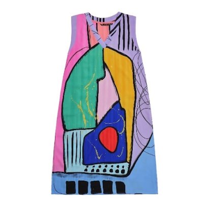 เดรสแขนกุดสีม่วง : ลายแอปสแตรคหลากสีพื้นหลังสีม่วง