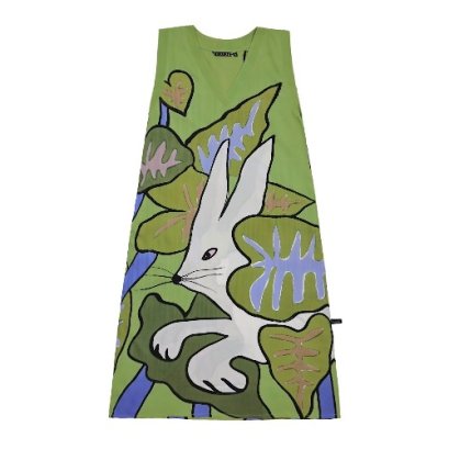 เดรสแขนกุดสีเขียว : ลายกระต่ายน้อยในพุ่มไม้