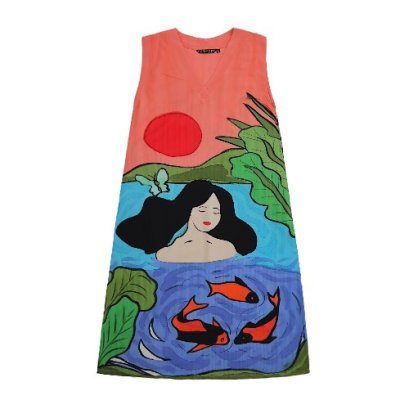 เดรสแขนกุดสีส้ม : ลายผู้หญิงสนุกสนานในน้ำบนพื้นหลังสีส้ม