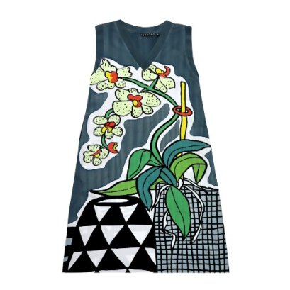 เดรสผู้หญิงแขนกุด - สีเทา : ลายดอกกล้วยไม้สีขาวในแจกัน