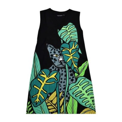 เดรสผู้หญิงแขนกุด - สีดำ : ลายเสือจาร์กัวในป่าใหญ่