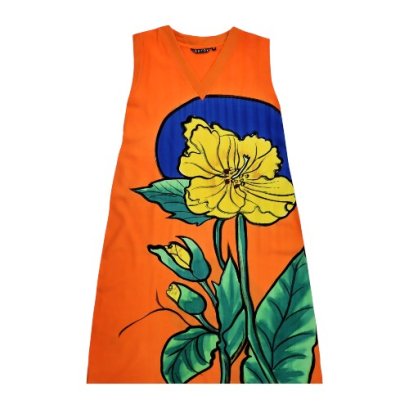 เดรสผู้หญิงแขนกุด - สีส้ม : ลายดอกคอสมอสสีเหลืองบนวงกลมสีน้ำเงิน