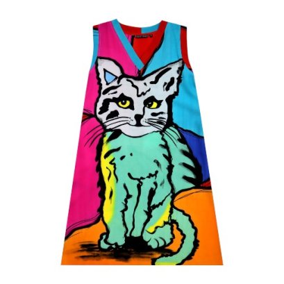 เดรสผู้หญิงแขนกุด - สีชมพู : ลายแมวนั่งอยู่ท่ามกลางแสงสีฟ้า ขนเรืองแสงเป็นประกาย