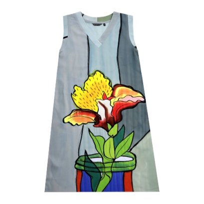 เดรสผู้หญิงแขนกุด - สีเทา : ลายกล้วยไม้สีเหลืองบานสะพรั่งในกระถาง กลีบของมันส่องแสงราวกับแสงแดดยามเช้า