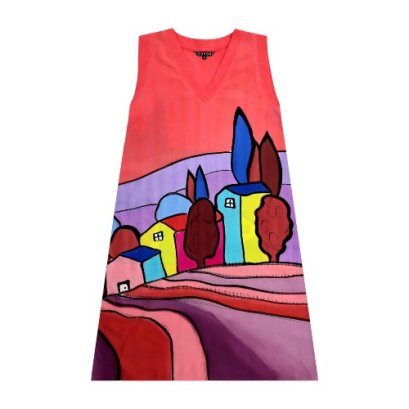 เดรสผู้หญิงแขนกุด - สีชมพู : ลายบ้านกลางสวนหลากสี