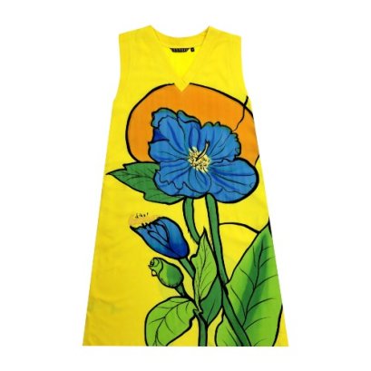เดรสผู้หญิงแขนกุด - สีเหลือง : ลายดอกคอสมอสสีฟ้าบนวงกลมสีเหลือง