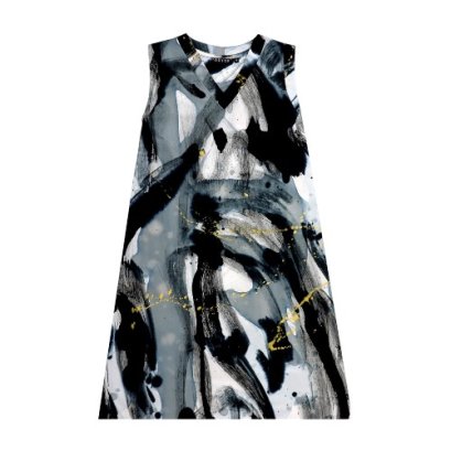 เดรสผู้หญิงแขนกุด - สีดำ : ลายเส้นแปรงสีดำ