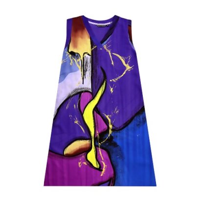 เดรสผู้หญิงแขนกุด - สีม่วง : ลายกราฟิคสีทองบนบล็อกสีม่วงและสีน้ำเงิน