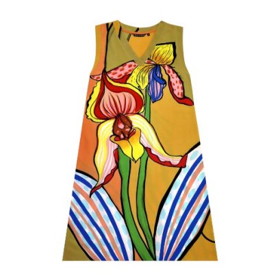 เดรสผู้หญิงแขนกุด - สีน้ำตาล : ลายดอกกล้วยไม้