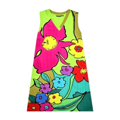 เดรสผู้หญิงแขนกุด - สีเขียว : ลายดอกคอสมอสหลากสีบานอยู่บนหินสีเขียว