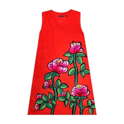 เดรสผู้หญิงแขนกุด - สีแดง : ลายดอกกุหลาบสีชมพูบานอยู่ในสวน