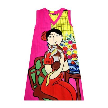 Woman Sleeveless Dress - Pink : Chinese girl with a cat