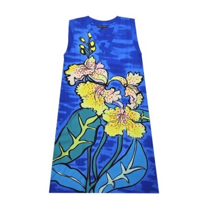 เดรสผู้หญิงแขนกุด  - สีน้ำเงิน : ลายกล้วยไม้บานในม่านน้ำเงิน