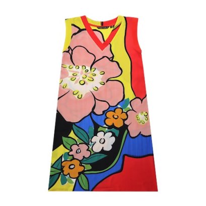 เดรสผู้หญิงแขนกุด  - สีเหลือง : ลายพาเหรดดอกไม้