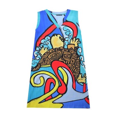 เดรสผู้หญิงแขนกุด  - สีฟ้า : ลายเต่าในเกลียวศิลป์